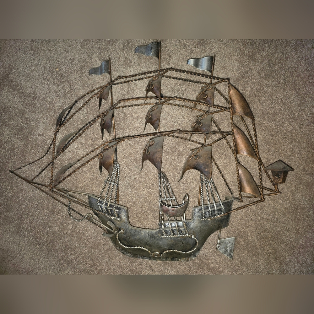 Vintage Metal Pirate Ship Wall Sculpture Handcrafted Art